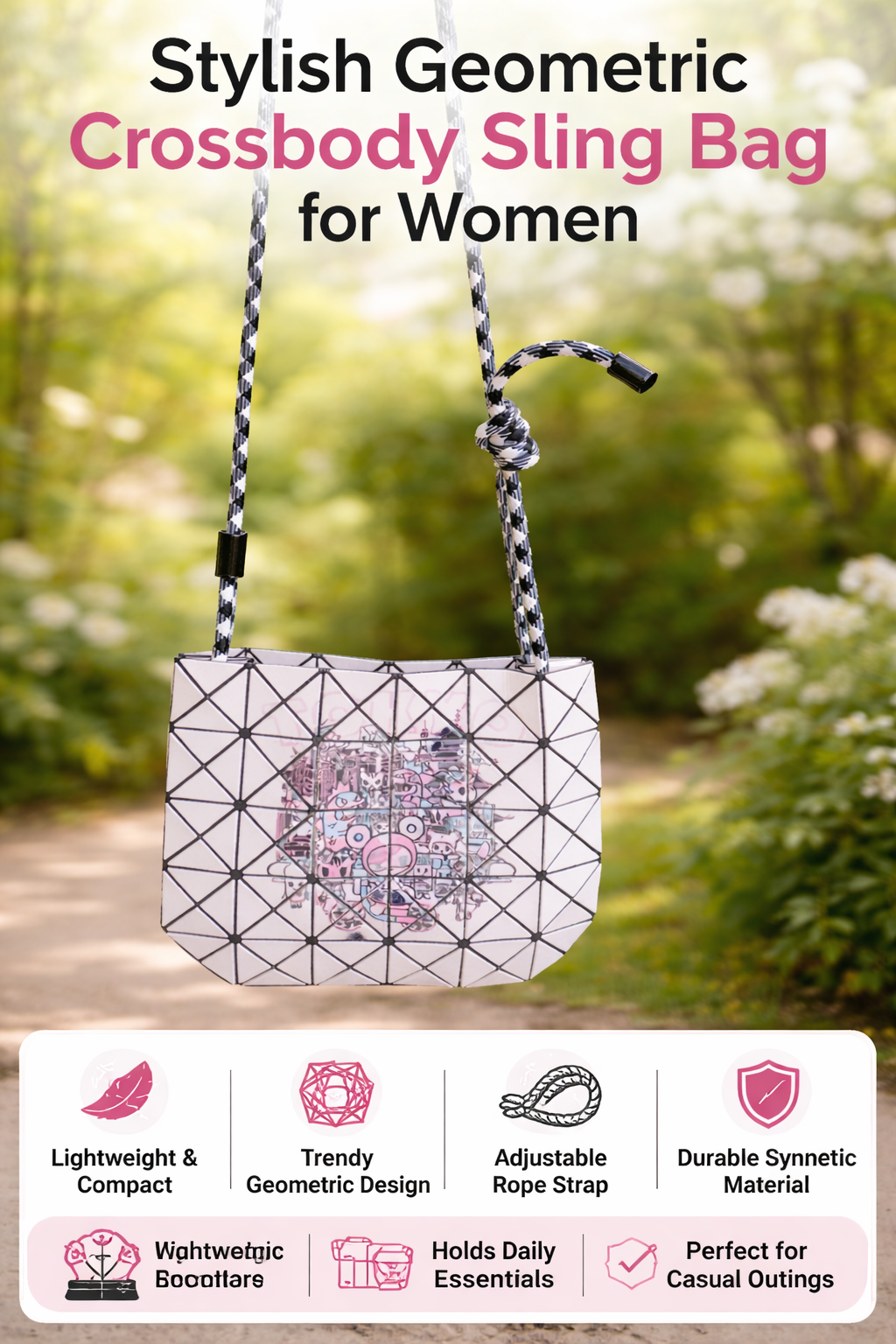 Women’s Geometric Print  Rope Strap Hand Bags Light weight Stylish Mini Shoulder Bag