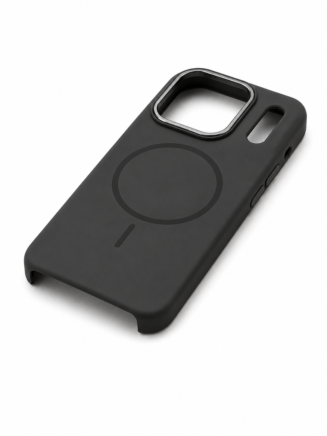 Black phone case with MagSafe design on a white background