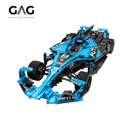 Toy Formula 1 car model with blue and black design on a white background, featuring the brand 'GADGETS & GADGETS'.