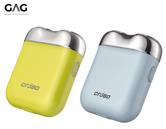 Two Coobo electric shavers, one yellow and one light blue, on a white background with GAG logo.