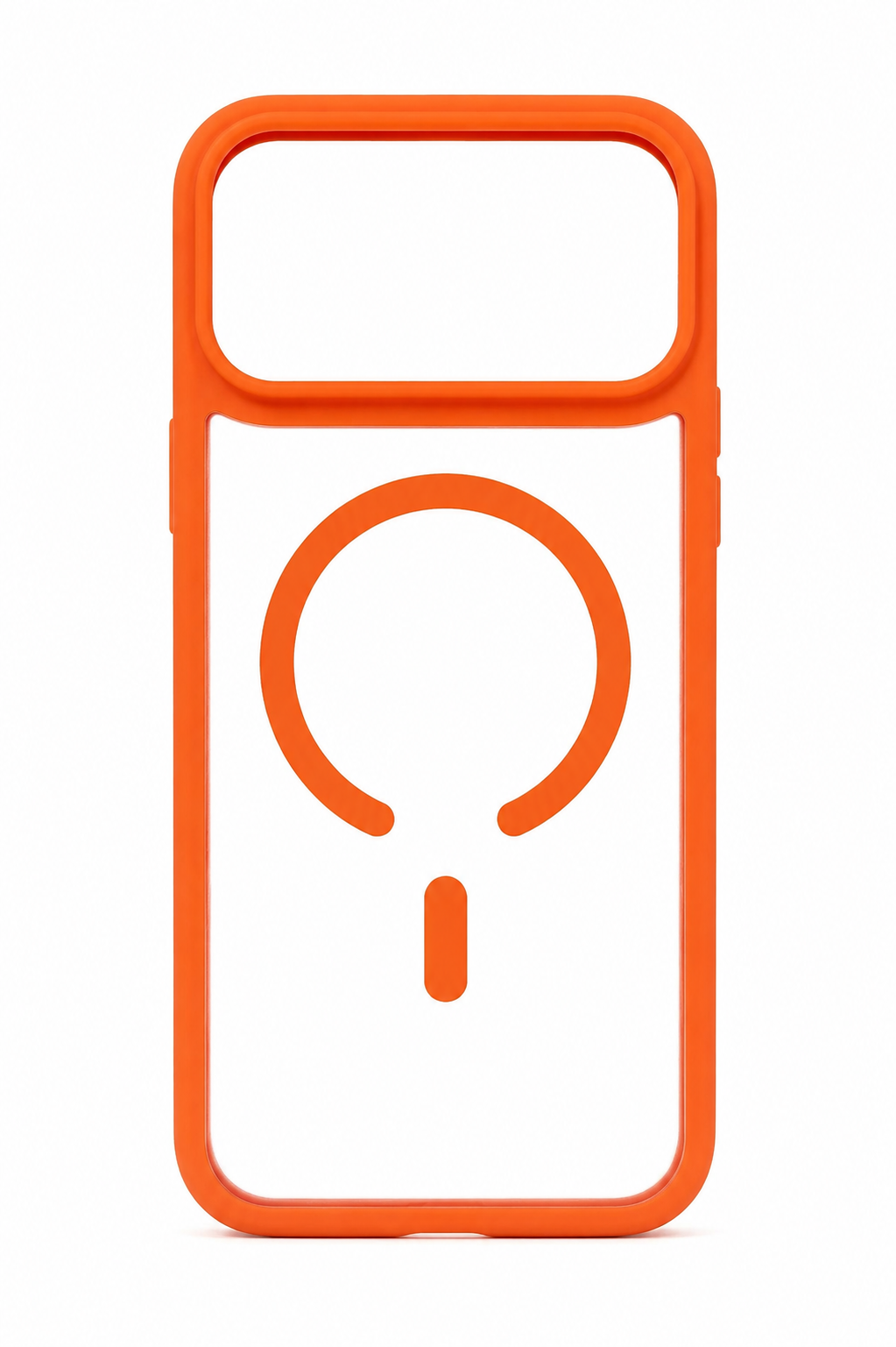 An orange protective phone case with a minimalist circular MagSafe-style ring design on a plain white background.