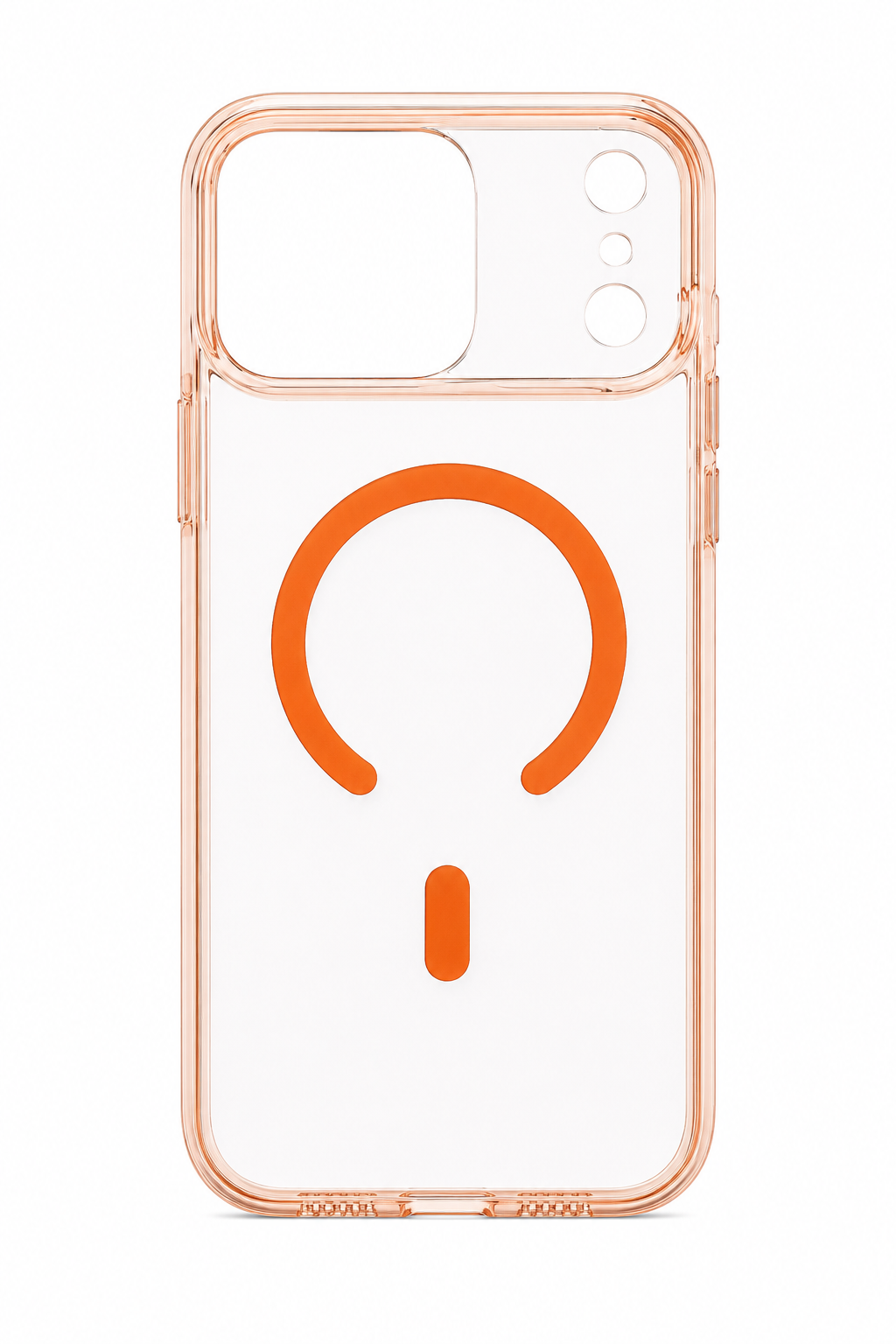 A clear phone case with a rose gold bumper frame, featuring an orange MagSafe-compatible circular ring graphic on the back.