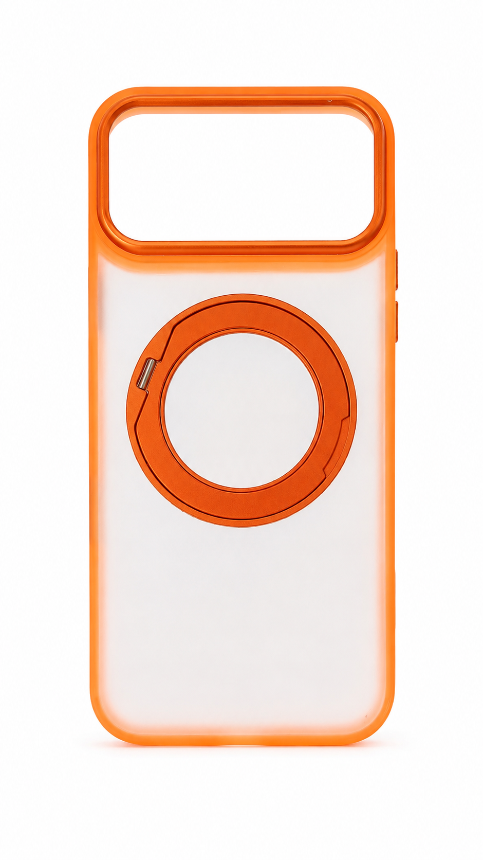 A clear protective phone case with a bright orange bumper and a built-in orange magnetic ring on the back, shown against a plain white background.