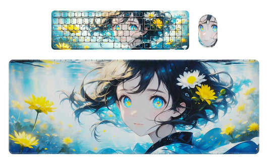 Anime Floral Theme Keyboard, Mouse & Extended Desk Mat Combo