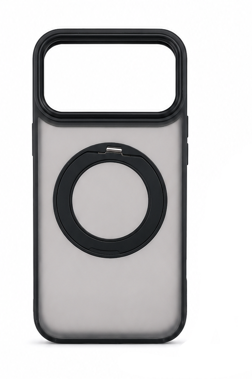 A semi-transparent smoky gray phone case with a black protective bumper and a built-in circular magnetic ring, shown on a white background with a secondary angled view partially visible on the right.