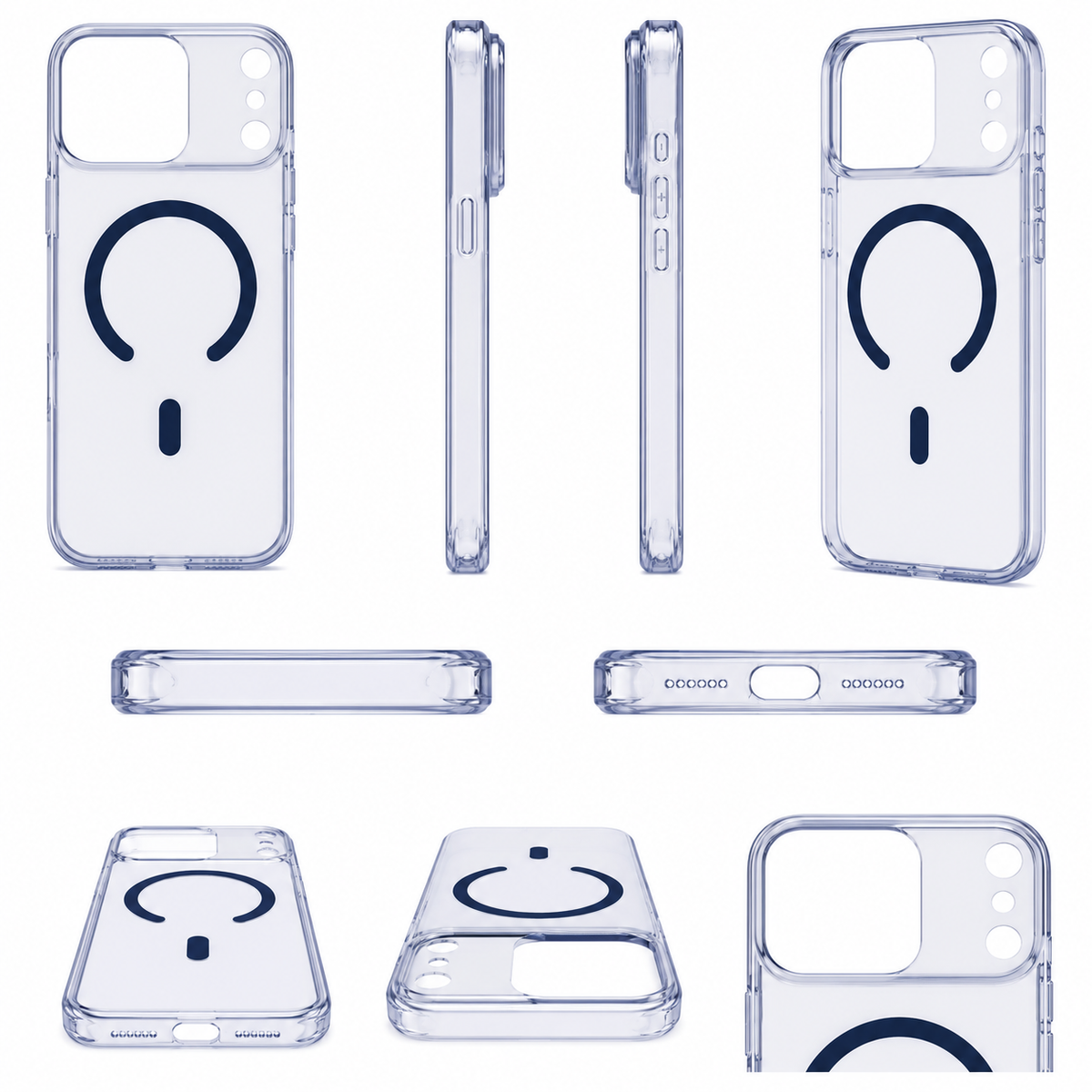 iphone 17 pro clear magsafe case shown from multiple angles -front,back,side profiles,and camera cutout detail, with navy Magsafe ring and precise button cutouts