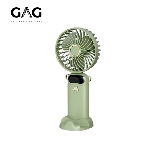 Green handheld fan with GAG Gadgets & Gadgets logo on a white background